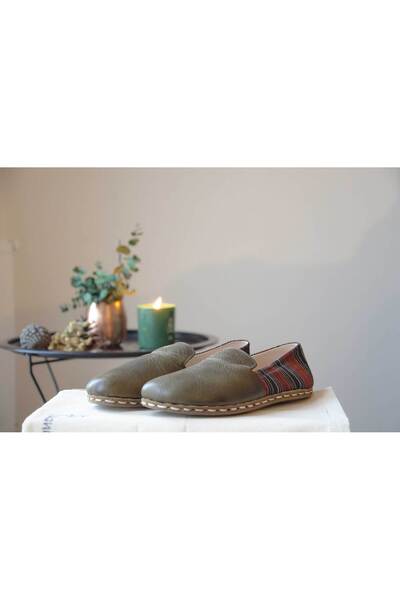 Solanum Hemhal - Yeşil/ Kutnu Kumaşlı, El Yapımı, Hakiki Deri Barefoot Ayakka...