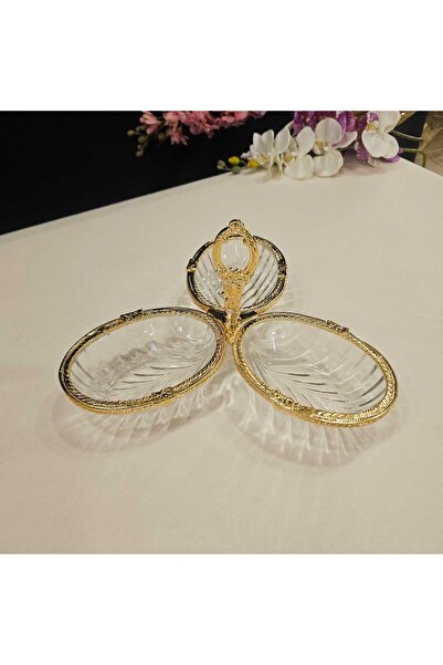 MaviDamla 3 Compartments Cast Metal Frame Snack Gold - 1 Piece