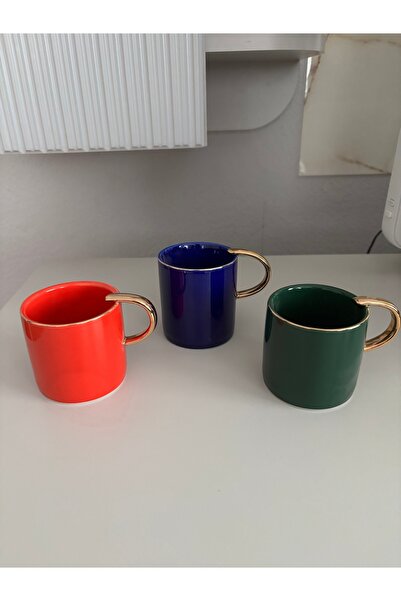 SEVEN7 Kırmızı Porselen Gold Kulplu Mug Kahve Çay Bardağı Renkleri 200ml