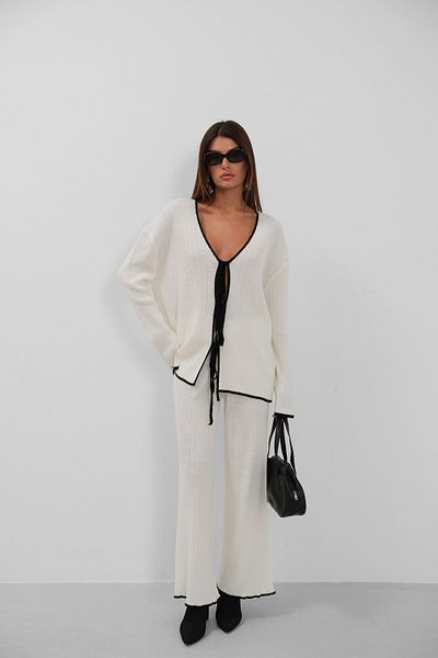 Black Fashion Lace-Up and Piping Detailed Cardigan Trousers Knitwear Ecru Set
