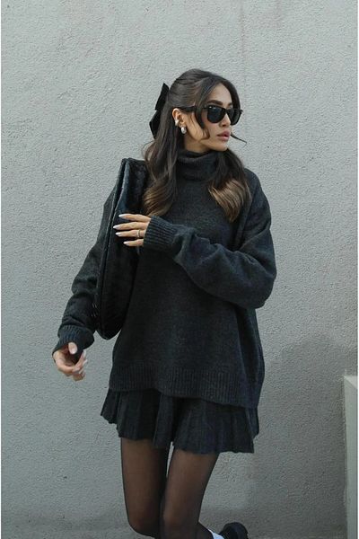 VOLT CLOTHİNG Women's Pleated Mini Skirt Fisherman Sweater Bottom Top Knitwear Set