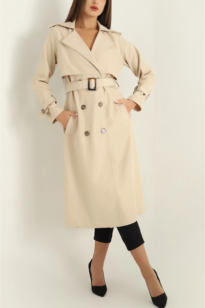 VıoShıne Kadın Kruveza Yaka Kemerli Düğmeli Treçnkot