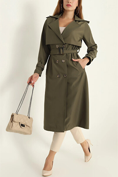 VıoShıne Kadın Kruveza Yaka Kemerli Düğmeli Treçnkot