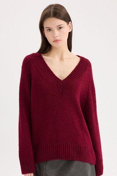 DeFacto Pulover tricot roșu Claret cu decolteu în V - Potrivire largă, supradimensionat A3264AX24CW