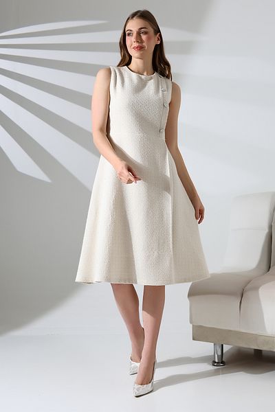Mois Atelier White Tweed Check - Button Detail Glitter Midi Dress with Sleeveless and A-Line Skirt, Plus Size