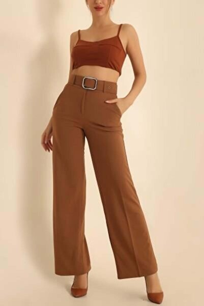 VıoShıne Kadın Kemerli Palazzo Yüksek Bel Bol Paça Pantolon