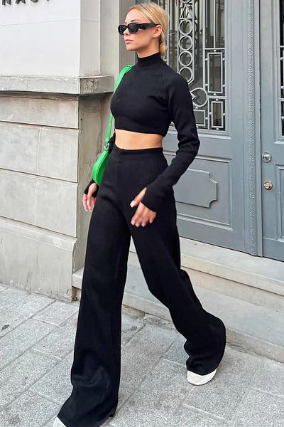 VOLT CLOTHİNG Women's Half Fisherman Knitted Crop Sweater Trousers Knitwear Top and Bottom Set