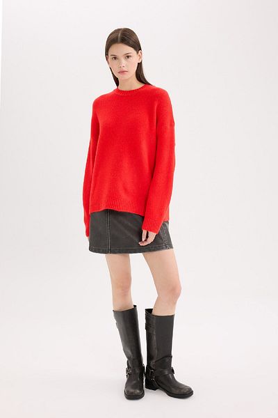 DeFacto Oversize Wide Fit Crew Neck Basic Plain Red Knitwear Sweater D9518Ax24Wn