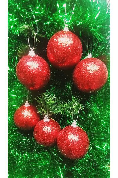 asöy Christmas Tree - 6 cm Red Glitter Ball, 6-Piece Red Glitter Snowy Sphere Ornament