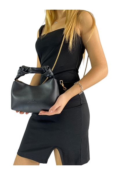 Gloria Women's Soft Black Leather Knot Detailed Handled Chain Strap Mini Hand Shoulder Baguette Bag
