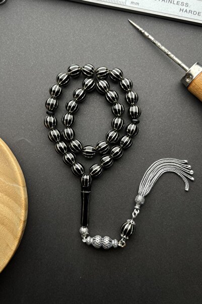 dergah tesbih El işçiliği Yarma Oltu Taşı Gümüş Püsküllü Tasarım