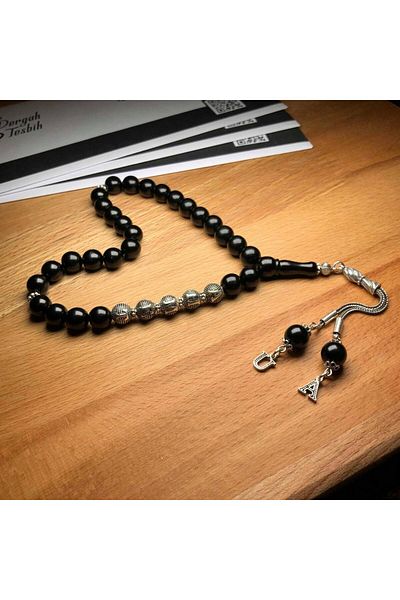 dergah tesbih Silver Designed Named Oltu Stone Rosary - Yh549