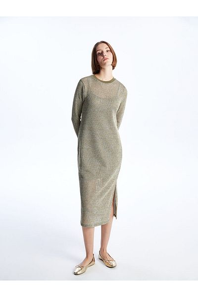 LC Waikiki Lcw Vision Khaki Crew Neck Solid Long Sleeve Women's Dress