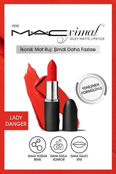 M.A.C أحمر شفاه حريري غير لامع من M·a·cximal، أحمر شفاه ملون مكثف مع تأثير مرطب - Lady Danger