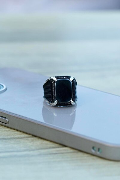 dergah tesbih El işçiliği Kara Pençe Oniks Taşlı Gümüş Yüzük