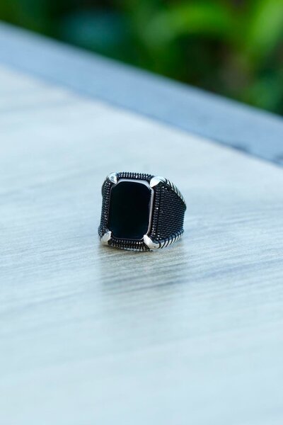 dergah tesbih El işçiliği Kara Pençe Oniks Taşlı Gümüş Yüzük