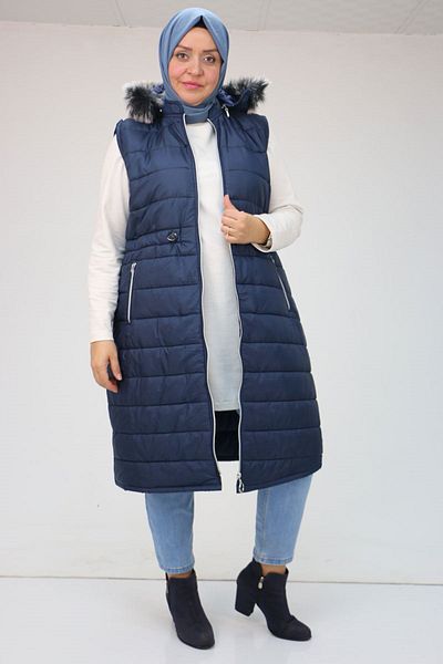 Eslina 44005 Plus Size Detachable Hooded Quilted Vest - Navy Blue