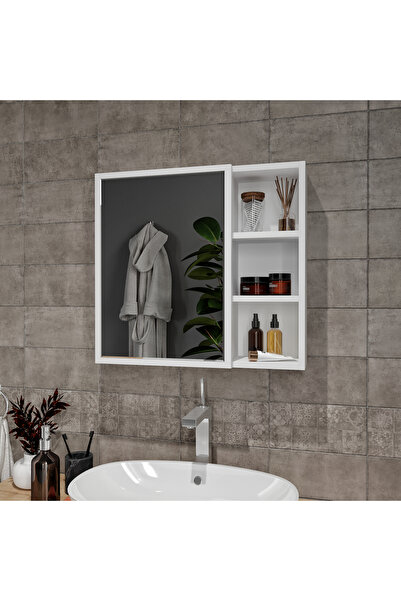 Mufi WooD %100 Mdf Banyo Dolabı Sade Aynalı Kapaklı Raflı Mdf Banyo Dolabı