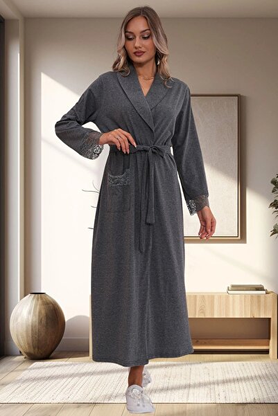 Mecit Pijama Büyük Beden Güpür Detaylı Kadın Uzun Kollu Sabahlık %75 Pamuk, %25 Viskon
