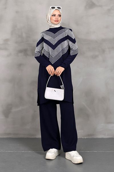 MODAQU Maya Silvery Double Knitwear Tunic Trousers Set - Navy Blue