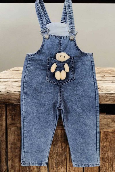 dinamik çocuk 9-12Months Thin Denim Overalls with Teddy Bear Unisex Adjustable Straps