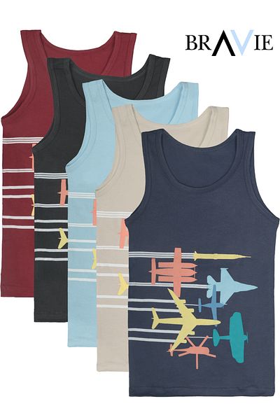 Bravie Boy's Tank Top with Colorful Airplane Pictures, Pack of 5