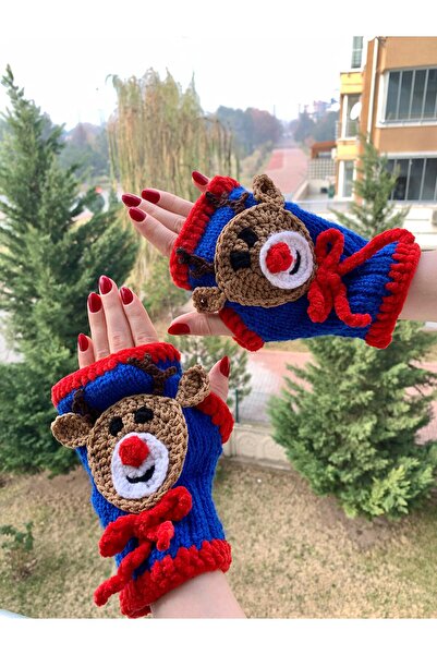 Nessa Giyim Yılbaşı Eldiveni Özel Tasarım El Örgüsü Geyik detaylı Eldiven