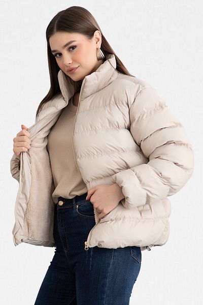 VODENS Women's Beige Sheepskin Waterproof Stand Collar down Jacket