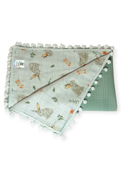 Birmelek Honeycomb Pique Pompom Double Layer Muslin Blanket