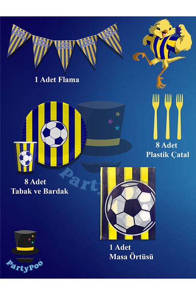 PartyPoo Σετ πάρτι γενεθλίων Yellow Navy Blue Fan Σετ κοστουμιών για 8 άτομα