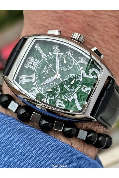 FERRO Men's Wrist Watch - Black Leather Band, Green Dial Numbers, Function Bracelet Rosary