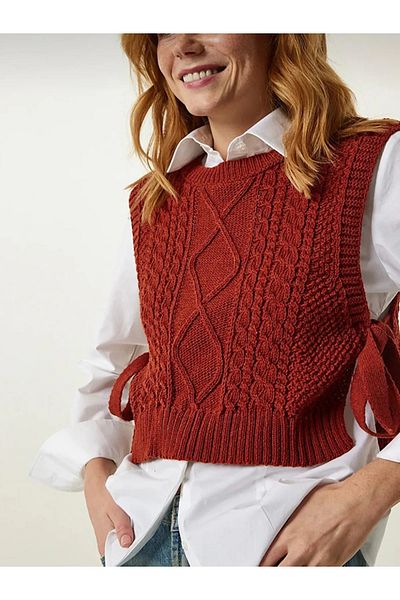 Tüy boutique Red Women's Knitwear Sweater - Adjustable Pattern, Side Tie