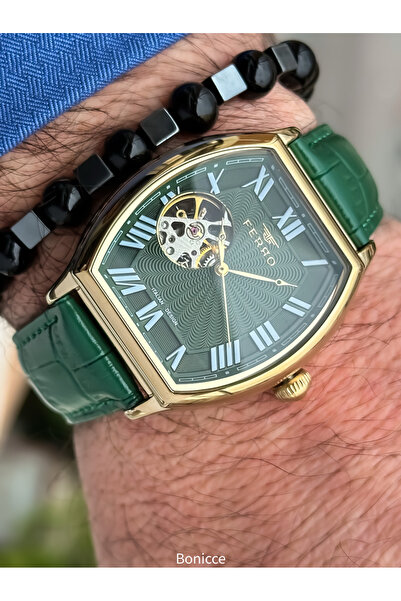 FERRO Ferrro Brand Green Leather Band Automatic Men Wrist Watch Bangle Rosary