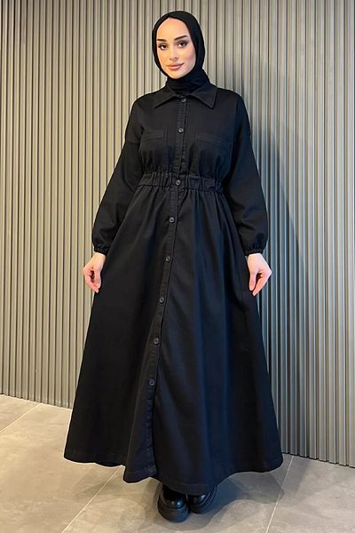julude Μαύρο τζιν Hijab φόρεμα με κουμπιά μπροστά