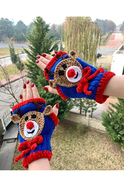 Nessa Giyim Yılbaşı Eldiveni Özel Tasarım El Örgüsü Geyik detaylı Eldiven