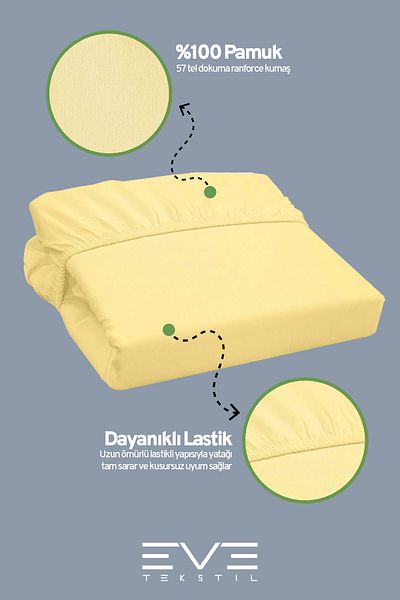 Eve Tekstil 100% Natural Cotton Single Rainforce Fabric Elastic Sheet and Pillowcase Set