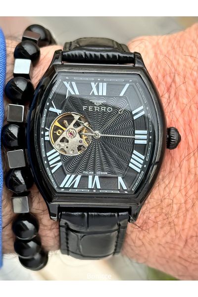 FERRO Ferrro Brand - Black Leather Band Automatic Men's Wrist Watch & Rosary