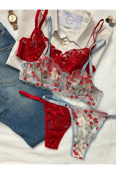 İNKO İÇ GİYİM Set sutien din tul fără căptușeală cu sârmă florală (BRA TANGA)