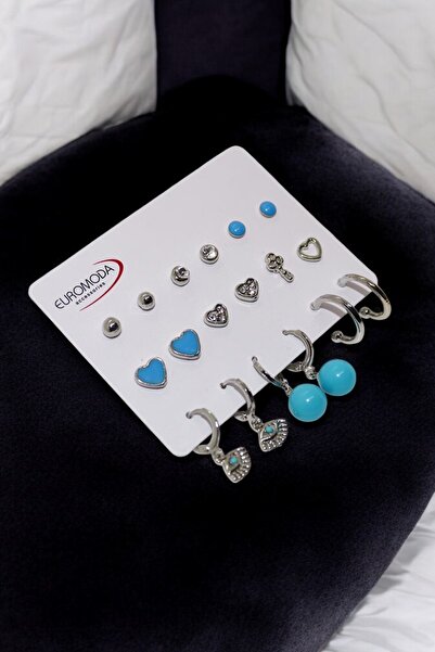 EUROMODA Turkuaz Kalp Göz ve İnci Küpe Tasarımlı Halka Tektaş ve Top Küpeli 9lu Küpe Seti