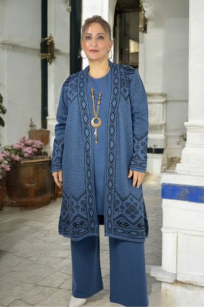 yagmurberen Jachetă și tunică din tricot cu mânecă lungă cu imprimeu etnic - Pantaloni cu talie elastică Set de 3 piese cu personalitate de mărime mare
