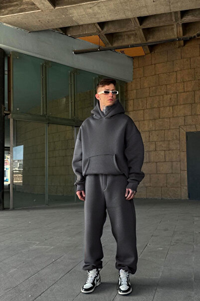 YAKAMEL Σετ ανδρική αθλητική φόρμα με κουκούλα ανθρακί