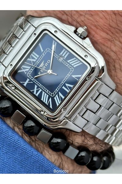 FERRO Silver Color Steel Band, Navy Blue Roman Numerals Dial, Square Case Men's Wristwatch+ Rosary Bracelet