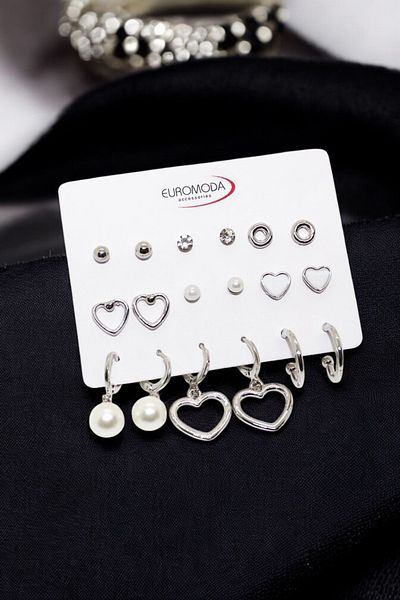 EUROMODA Heart and Pearl Earrings Design Ring Solitaire and Ball Earrings Set of 9 Earrings