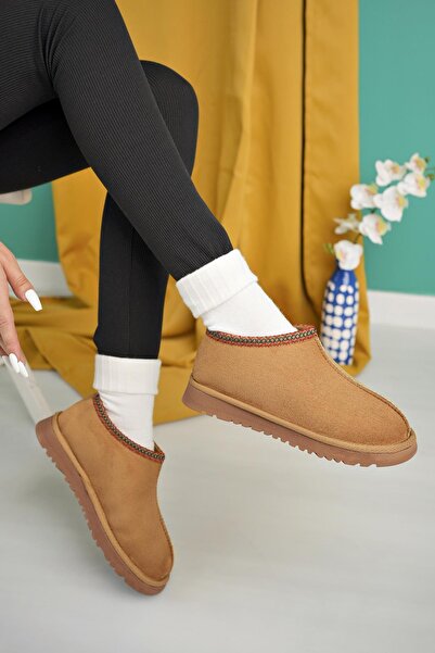 Aymood Women's Tan Suede Ankle Boots with Furry Thick Sole Shoes