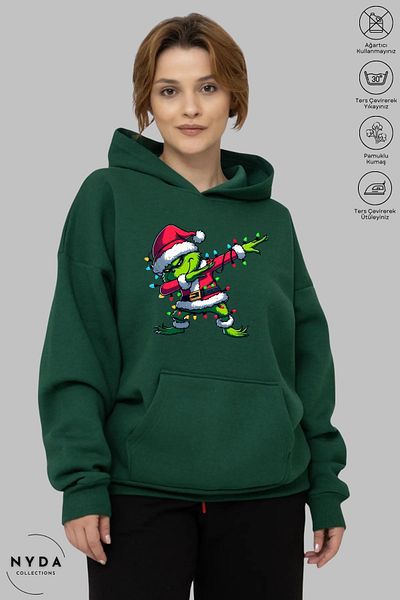 Nyda Collections Grinch New Year's Unisex Hoodie - Μακρυμάνικο, Dance Printed, Hooded, Raster Oversize βαμβακερό φούτερ