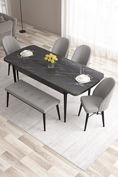 Canisa Roz Serisi 80x132 Mdf Siyah Mermer Desen Masa Takımı 4 Gri Sandalye Ve 1 Bench