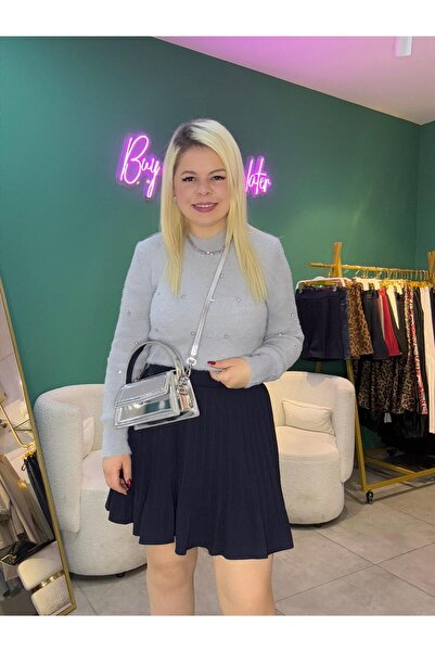 Tuğba Lacivert Pileli İçi Kendinden Şortlu Etek