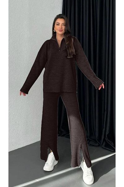 YILMAZ Women's Ribbed Neck Zippered Leg Front Zippered Knitwear Set