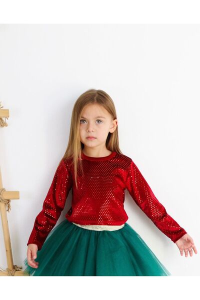 STAR ÇOCUK Simli Bluz Kırmızı Kadife Badi Şık Body