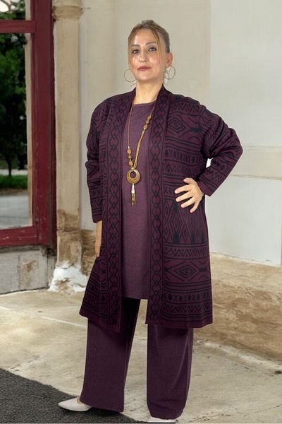 yagmurberen Set de tricotaje cu imprimeu retro și pantaloni - mânecă lungă, talie elastică, mărime mare, set personalizat de 3 piese